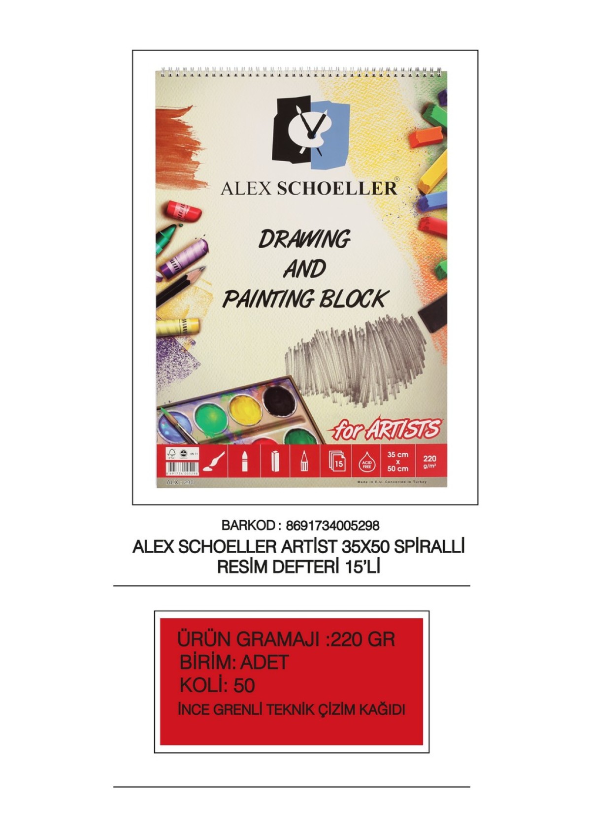 ALEX RESİM DEFTER SPR 35X50 220gr 15 YP 298