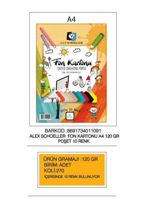 ALEX FON KARTONU A4 10 RENK 120 GR ALX-091