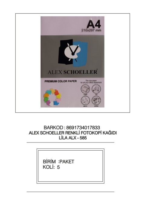 ALEX RENKLİ A4 / 500.LÜ KAGIT LİLA KOD:585