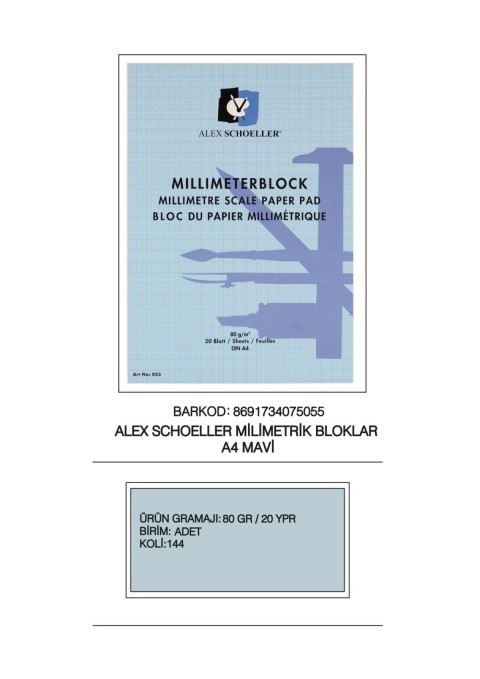 ALEX SOHLER MILIMETRIK A4 BLOKNOT MAVİ