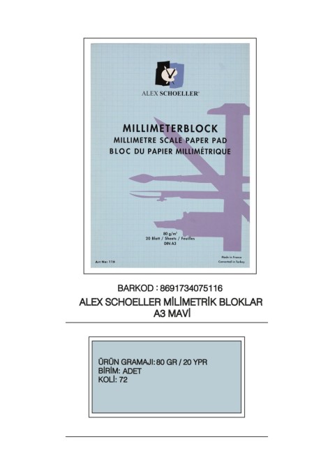 ALEX MİLİMETRİK BLOK A3 MAVİ 20YP. 80gr.