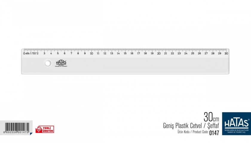 HATAS 0147 GENİŞ PLASTİK CETVEL ŞEFFAF 30 CM